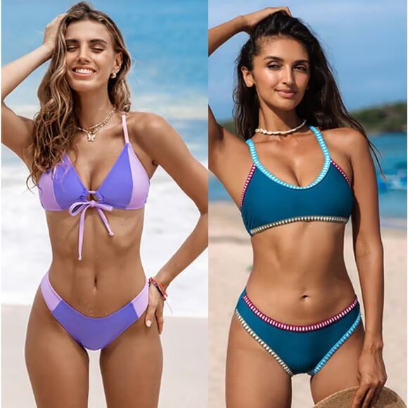 NWT Cupshe Two Piece Swimsuit Superbloom Crossback Top & V-Waist Bottom BUNDLE S - Picture 1 of 6